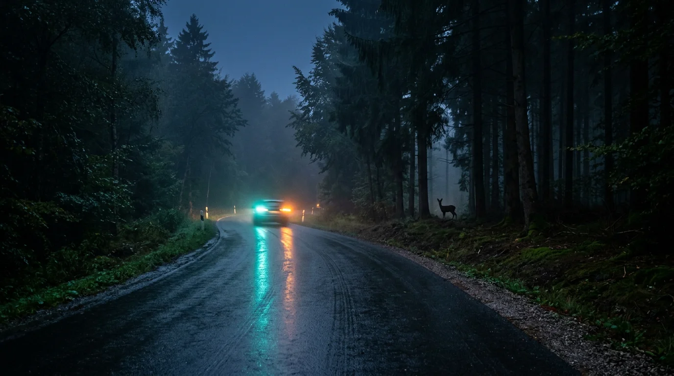 Waldweg und Warnlicht, Wildunfall-Dokumentation, Teaser 1200x675