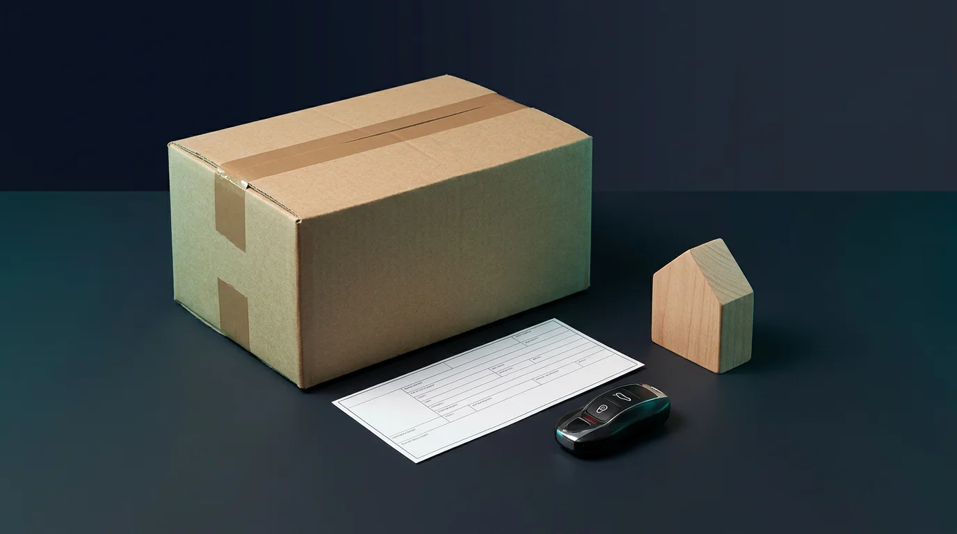 Umzugskarton und Fahrzeugschein symbolisch, Teaser 1200x675